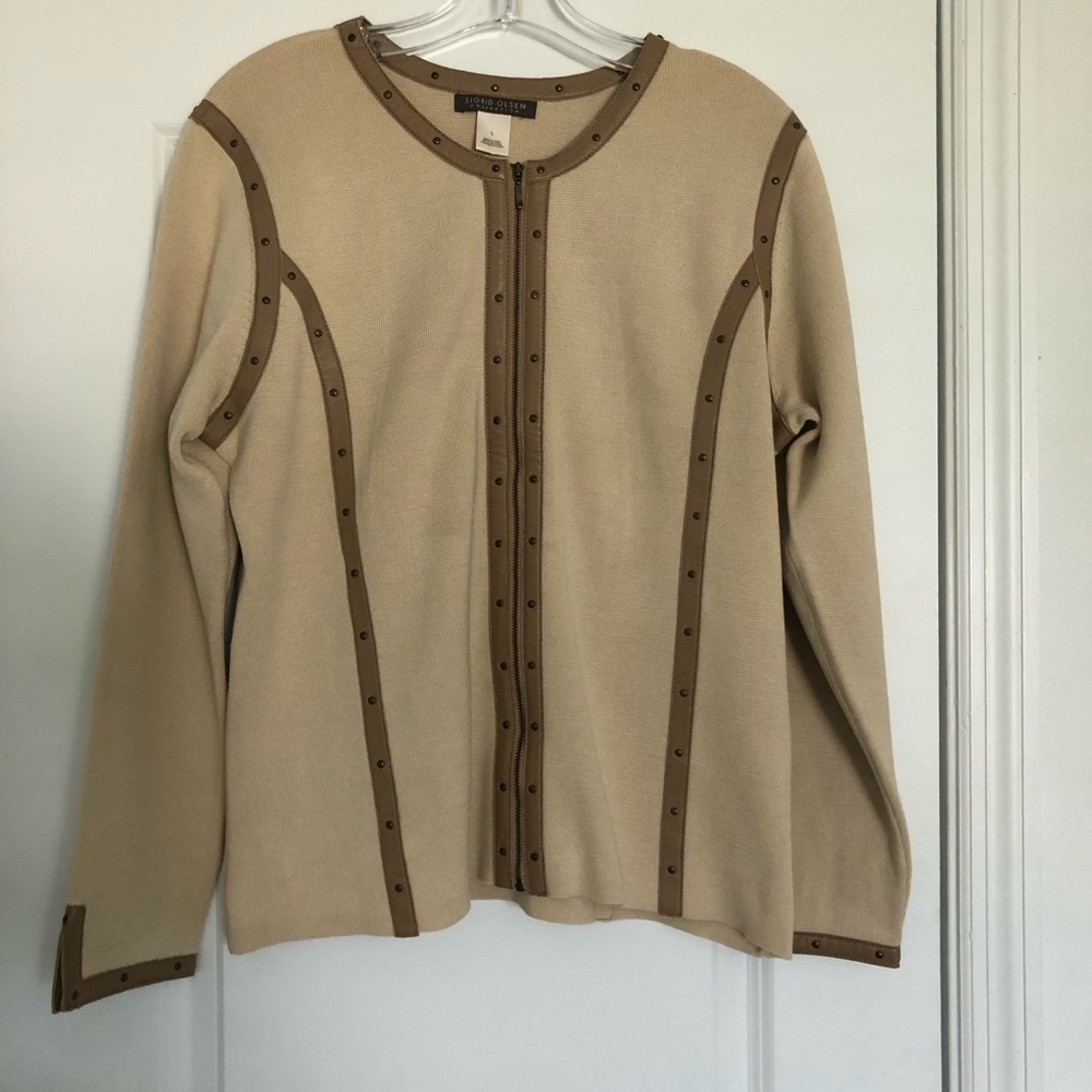 Sigrid Olsen Tan Silk Blend Sweater Jacket with Leather Trim